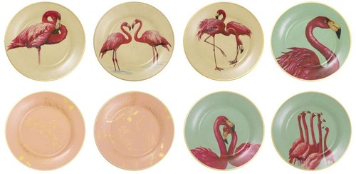 Casa Padrino Deko Porzellan Wandteller 8er Set Flamingos & Federn Mehrfarbig / Gold  27 cm - Luxus Wanddeko