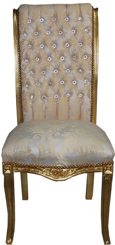 Casa Padrino Barock Hochlehner Esszimmer Stuhl Creme Muster / Gold mit Bling Bling Glitzersteinen - Barock M�bel