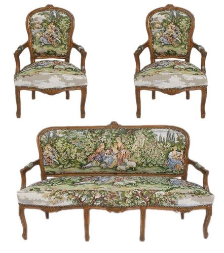 Casa Padrino Barock Sitzbank Set Gobelin / Braun - 1 Sofa + 2 Sessel