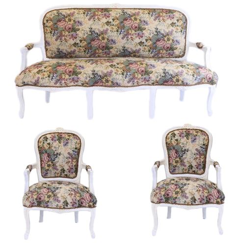 Casa Padrino Barock Sitzbank Set Blumen Muster / Antik Stil Wei� - 1 Sofa + 2 Sessel