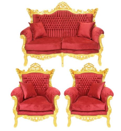 Casa Padrino Barock Wohnzimmer Set Bordeaux Samtstoff / Gold - 2er Sofa + 2 Sessel 