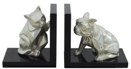 Casa Padrino Luxus Buchst�tzen Set Katze & Hund Silber / Schwarz 18 x 18 x H. 10 cm - Deko Bronzefiguren mit Holzsockel
