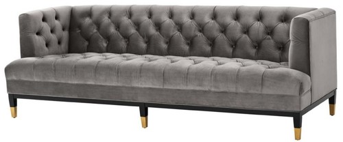 Casa Padrino Luxus Wohnzimmer Sofa Grau / Schwarz / Messingfarben 230 x 85 x H. 79 cm - Chesterfield Samtsofa