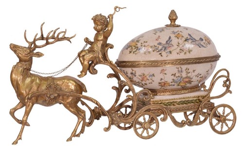 Casa Padrino Jugendstil Schmuckschatulle Kutsche Messingfarben / Mehrfarbig 49,9 x 17,6 x H. 28,5 cm - Prunkvolle Schmuckschatulle 