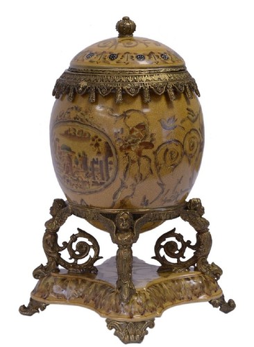 Casa Padrino Barock Porzellan Ei mit Deckel Mehrfarbig / Antik Messingfarben 20,5 x 15,4 x H. 28,3 cm - Prunkvolle Barock Deko Aufbewahrungsbox 
