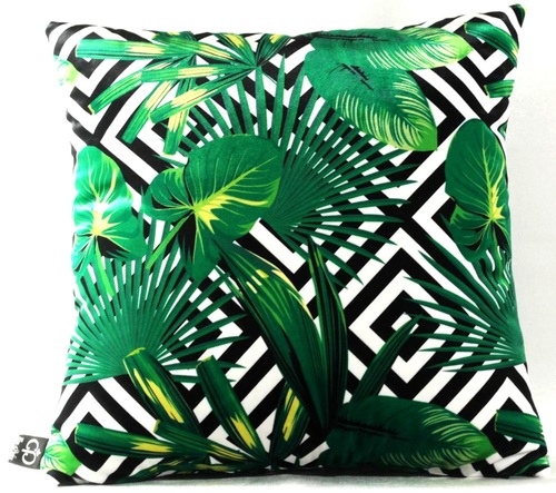 Casa Padrino Luxus Kissen Miami Palm Leaves Schwarz / Wei� / Gr�n 45 x 45 cm - Feinster Samtstoff - Deko Wohnzimmer Kissen