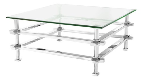 Casa Padrino Luxus Couchtisch Silber 100 x 100 x H. 45,5 cm - Edelstahl Wohnzimmertisch mit Glasplatte