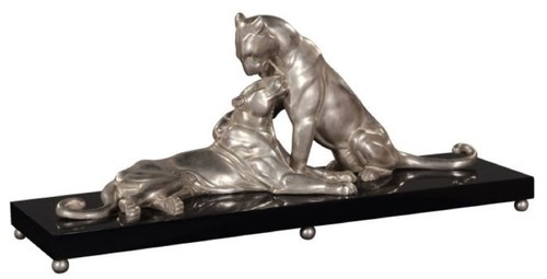 Casa Padrino Luxus Deko Bronzefiguren mit Holzsockel 2 Tiger Silber / Schwarz 83 x 23 x H. 34 cm - Luxus Qualit�t