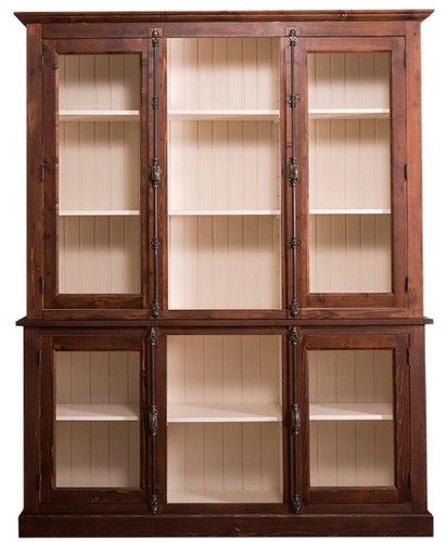 Casa Padrino Landhausstil Wohnzimmerschrank Dunkelbraun / Creme 184 x 48 x H. 228 cm - Massivholz Vitrinenschrank mit 4 Glast�ren