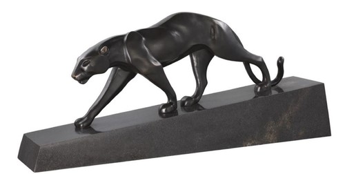 Casa Padrino Luxus Bronzefigur Panther Schwarz / Bronze 64 x 11 x H. 26,5 cm - Elegante Bronze Skulptur auf Marmorsockel