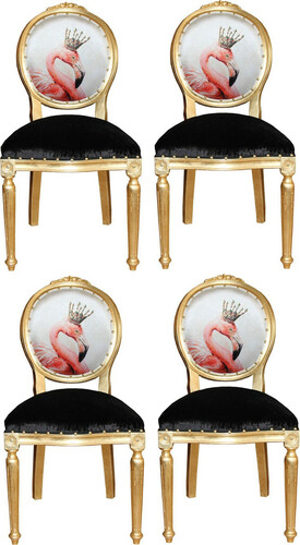 Casa Padrino Luxus Barock Esszimmer Set Flamingo mit Krone Gold / Schwarz / Mehrfarbig 48 x 50 x H. 98 cm - 4 handgefertigte Esszimmerst�hle mit Bling Bling Glitzersteinen - Barock Esszimmerm�bel