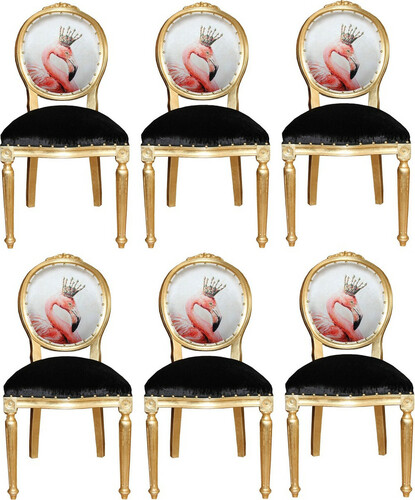 Casa Padrino Luxus Barock Esszimmer Set Flamingo mit Krone Gold / Schwarz / Mehrfarbig 48 x 50 x H. 98 cm - 6 handgefertigte Esszimmerst�hle mit Bling Bling Glitzersteinen - Barock Esszimmerm�bel