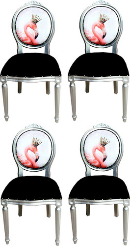 Casa Padrino Luxus Barock Esszimmer Set Flamingo mit Krone Schwarz / Mehrfarbig / Silber 48 x 50 x H. 98 cm - 4 handgefertigte Esszimmerst�hle mit Bling Bling Glitzersteinen - Barock Esszimmerm�bel