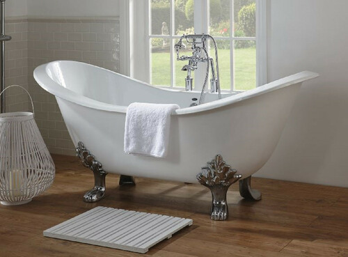 Casa Padrino Luxus Jugendstil Badewanne Wei� / Silber 180 x 77 x H. 79 cm - Gebogene freistehende Acryl Badewanne mit L�wenf��en - Jugendstil Badezimmerm�bel