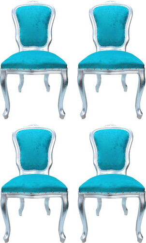 Casa Padrino Luxus Barock Esszimmer Set Louis T�rkis / Silber 50 x 60 x H. 104 cm - 4 handgefertigte Esszimmerst�hle - Barock Esszimmerm�bel - Made in Italy