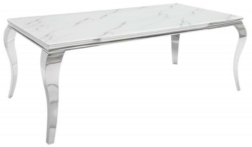 Casa Padrino Designer Esstisch Wei� / Grau / Silber 180 x 95 x H. 75 cm - Rechteckiger Edelstahl K�chentisch mit digitalbedrucktem Sicherheitsglas in Marmoroptik - Moderne Barock M�bel