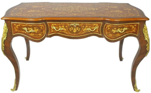 Casa Padrino Barock Schreibtisch Braun / Gold 160 x 70 x H. 80 cm - Handgefertigter Massivholz B�rotisch mit 3 Schubladen und massiven Metallapplikationen - Barock B�ro M�bel