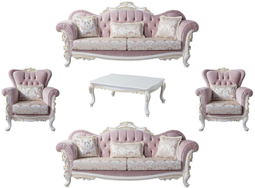 Casa Padrino Luxus Barock Wohnzimmer Set Rosa / Silber / Wei� / Gold - 2 Sofas & 2 Sessel & 1 Couchtisch - Edle Wohnzimmer M�bel im Barockstil