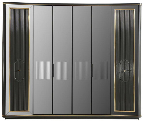 Casa Padrino Luxus Art Deco Schlafzimmerschrank Grau / Gold 265 x 67 x H. 220 cm - Edler Massivholz Kleiderschrank mit 6 verspiegelten T�ren - Schlafzimmer M�bel - Luxus Qualit�t