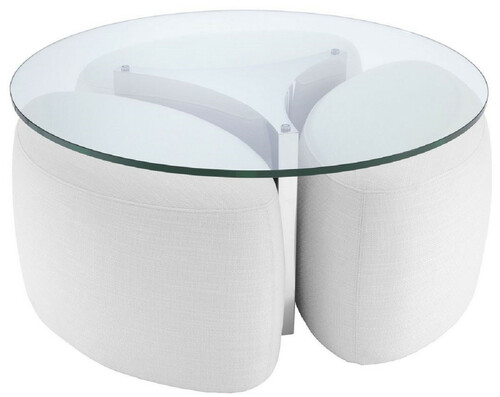 Casa Padrino Luxus Couchtisch Wei� / Silber  104 x H. 46,5 cm - Runder Edelstahl Wohnzimmertisch mit Glasplatte und 3 eleganten Sitzhocker - Wohnzimmer M�bel - Luxus M�bel