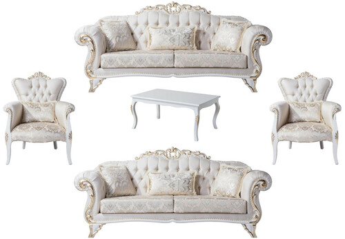 Casa Padrino Luxus Barock Wohnzimmer Set Creme / Wei� / Gold - 2 Sofas & 2 Sessel & 1 Couchtisch - Wohnzimmer M�bel im Barockstil - Edel & Prunkvoll