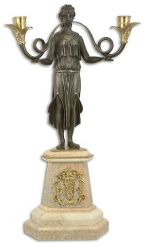 Casa Padrino Barock Kerzenhalter mit dekorativer Bronzefigur und Marmorsockel 29,5 x 19,5 x H. 53,2 cm - Eleganter 2 flammiger Kerzenst�nder - Wohnzimmer Deko Accessoires
