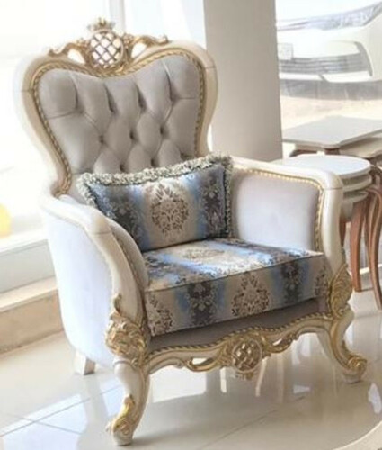 Casa Padrino Luxus Barock Sessel Grau / Blau / Wei� / Gold 93 x 73 x H. 120 cm - Prunkvoller Massivholz Wohnzimmer Sessel mit elegantem Muster und dekorativem Kissen - Barock Wohnzimmer M�bel