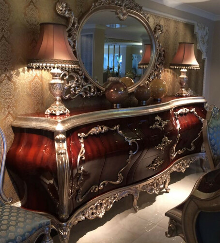 Casa Padrino Luxus Barock M�bel Set Sideboard mit Spiegel Dunkelbraun / Silber - Prunkvoller Massivholz Schrank mit elegantem Wandspiegel - M�bel im Barockstil