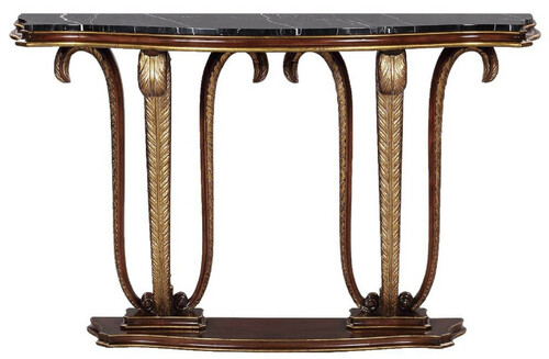 Casa Padrino Luxus Barock Konsole Braun / Gold / Schwarz 145 x 42 x H. 90 cm - Mahagoni Konsolentisch mit dekorativen handgeschnitzten Federn und Marmorplatte - Edle M�bel im Barockstil