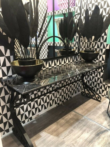 Casa Padrino Luxus Jugendstil Konsole Schwarz 200 x 60 x H. 84 cm - Edler Konsolentisch mit Marmorplatte und handgefertigtem Schmiedeeisen Gestell - Wohnzimmer Garten Terrassen M�bel