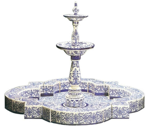 Casa Padrino Luxus Jugendstil Springbrunnen Wei� / Blau 200 x 200 x H. 155 cm - Handgefertigter & Handbemalter Keramik Gartenbrunnen - Barock & Jugendstil Garten Deko Accessoires