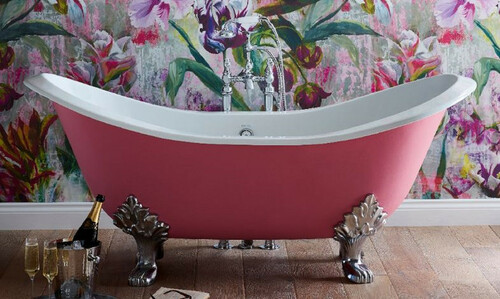 Casa Padrino Luxus Jugendstil Badewanne Rosa / Wei� / Silber 180 x 77 x H. 79 cm - Gebogene freistehende Gusseisen Badewanne - Barock & Jugendstil Badezimmer M�bel
