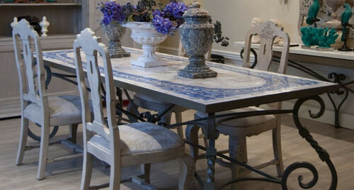 Casa Padrino Luxus Barock Esstisch - Handgefertigter Schmiedeeisen K�chentisch mit Naturstein Mosaik Fliesen Tischplatte - Garten Tisch - Terrassen Tisch - Garten Terrassen Esszimmer M�bel