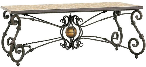 Casa Padrino Luxus Barock Esstisch Beige / Grau / Messingfarben - Handgefertigter Schmiedeeisen Gartentisch mit Naturstein Mosaik Fliesen Tischplatte - Garten Terrassen Esszimmer M�bel