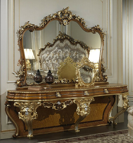 Casa Padrino Luxus Barock Konsole mit Spiegel Braun / Gold / Silber - Prunkvoller handgefertigter Schminktisch mit Wandspiegel - Hotel M�bel - Schloss M�bel - Luxus Qualit�t - Made in Italy