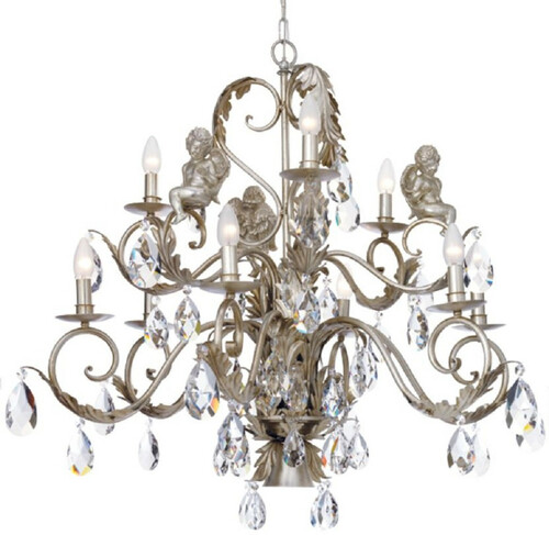 Casa Padrino Luxus Jugendstil Kronleuchter Silber  90 x H. 78 cm - Wohnzimmer Kronleuchter mit dekorativen Engelsfiguren und Swarovski Kristallglas - Luxus Qualit�t - Made in Italy