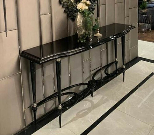 Casa Padrino Luxus Art Deco Konsole Schwarz / Silber - Prunkvoller Massivholz Konsolentisch - Luxus Art Deco M�bel