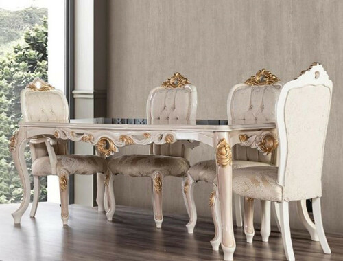 Casa Padrino Luxus Barock Esszimmer Set Grau / Wei� / Beige / Gold - 1 Barock Esstisch & 6 Barock Esszimmerst�hle mit elegantem Muster - Esszimmer M�bel im Barockstil - Edel & Prunkvoll