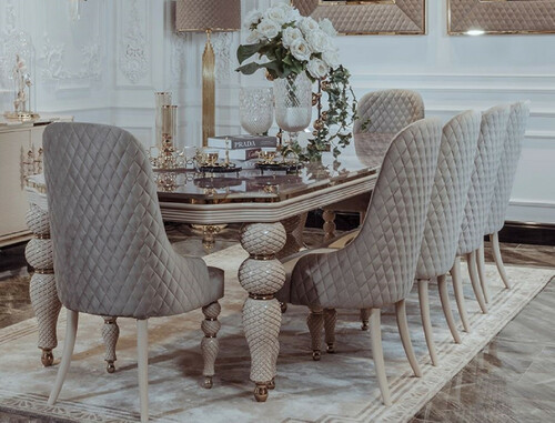 Casa Padrino Luxus Art Deco Esszimmer Set Grau / Wei� / Gold - 1 Art Deco Esstisch mit Kunstmarmor Tischplatte & 8 Art Deco Esszimmerst�hle - Art Deco Esszimmer M�bel - Luxus Qualit�t