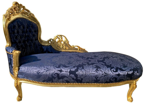 Casa Padrino Barock Chaiselongue Linke Seite Blau / Gold - Handgefertigte Massivholz Recamiere mit elegantem Muster - Barock Wohnzimmer M�bel
