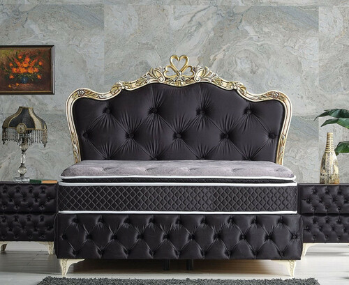 Casa Padrino Luxus Barock Schlafzimmer M�bel Set Schwarz / Cremefarben / Gold - Verschiedene Gr��en - 1 Barock Doppelbett mit Matratze & 2 Barock Nachtkommoden - Barock Schlafzimmer & Hotel M�bel