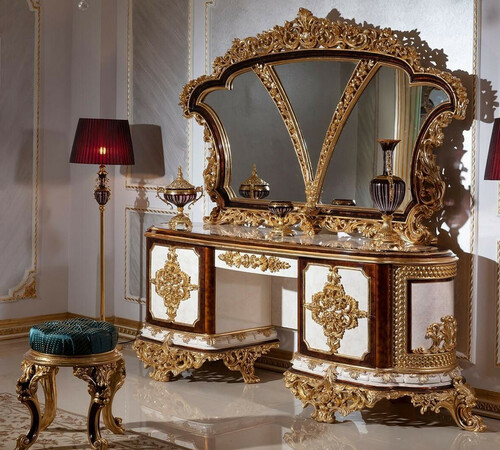 Casa Padrino Luxus Barock Schlafzimmer Set Wei� / Braun / Gold - 1 Barock Schminkkommode mit 5 Schubladen & 1 Barock Spiegel & 1 Barock Hocker - Barock Schlafzimmer M�bel - Edel & Prunkvoll