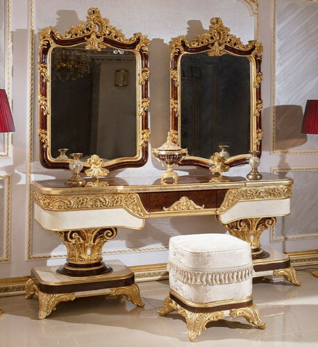 Casa Padrino Luxus Barock Schlafzimmer Set Braun / Wei� / Gold - 1 Barock Schminkkommode & 2 Barock Spiegel & 1 Barock Hocker - Barock Schlafzimmer M�bel - Edel & Prunkvoll