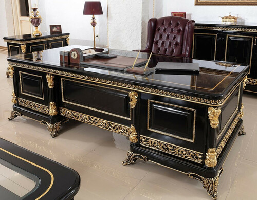 Casa Padrino Luxus Barock B�rom�bel Set Bordeauxrot / Schwarz / Gold - 1 Barock Schreibtisch & 1 Barock Chesterfield B�rostuhl mit edlem Kunstleder - Prunkvolle Barock B�rom�bel