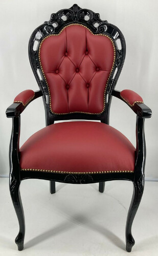 Casa Padrino Luxus Barock Leder Esszimmerstuhl mit Armlehnen Bordeauxrot / Schwarz - Prunkvoller Echtleder Stuhl im Barockstil - Barock Esszimmer M�bel - Luxus Qualit�t - Made in Italy