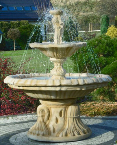 Casa Padrino Jugendstil Springbrunnen Frau mit Sch�ssel Sandfarben  155 x H. 190 cm - Prunkvoller Gartenbrunnen - Gartendeko Brunnen - Barock & Jugendstil Garten Deko Accessoires