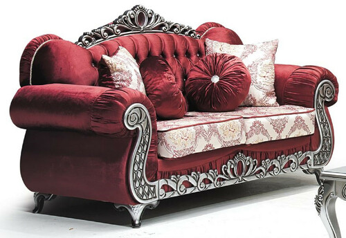 Casa Padrino Luxus Barock 2er Sofa Bordeauxrot / Creme / Silber - Prunkvolles Wohnzimmer Sofa mit Muster und Glitzersteinen - Wohnzimmer Mbel im Barockstil - Barock Mbel - Edel & Prunkvoll