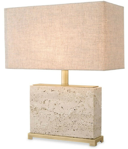 Casa Padrino Luxus Tischleuchte Beige / Antik Messing 40 x 22 x H. 55 cm - Travertin Schreibtischleuchte mit rechteckigem Lampenschirm - Luxus Tischleuchten - Luxus Schreibtischleuchten