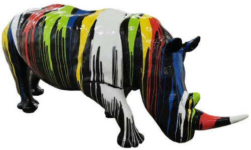 Casa Padrino Luxus Deko Skulptur Nashorn Schwarz / Mehrfarbig 320 x H. 180 cm - Riesige Gartenskulptur - Lebensgro�e Skulptur - XXL Deko Skulptur - XXL Deko Figur - XXL Tierfigur - Garten Deko