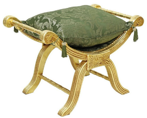Casa Padrino Barock Kreuzhocker mit Kissen Gold / Gr�n - Handgefertigter Sitzhocker im Barockstil - Antik Stil Hocker - Barock M�bel - Wohnzimmer M�bel im Barockstil - Antik Stil M�bel